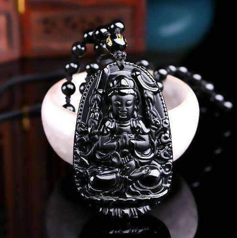 Image of Natural Black Obsidian Carved Buddha Lucky Amulet