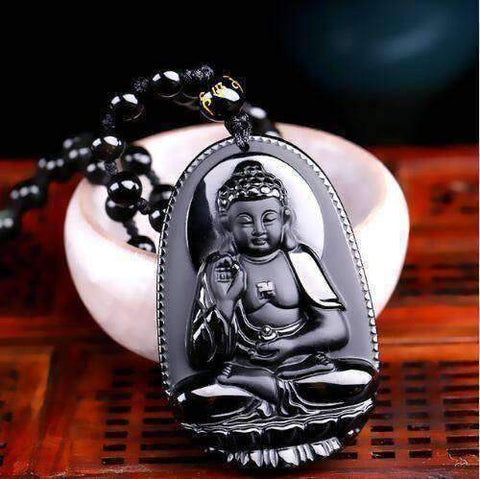 Image of Natural Black Obsidian Carved Buddha Lucky Amulet