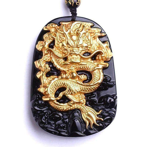 Image of Gold Natural Black Obsidian Dragon Lucky Amulet