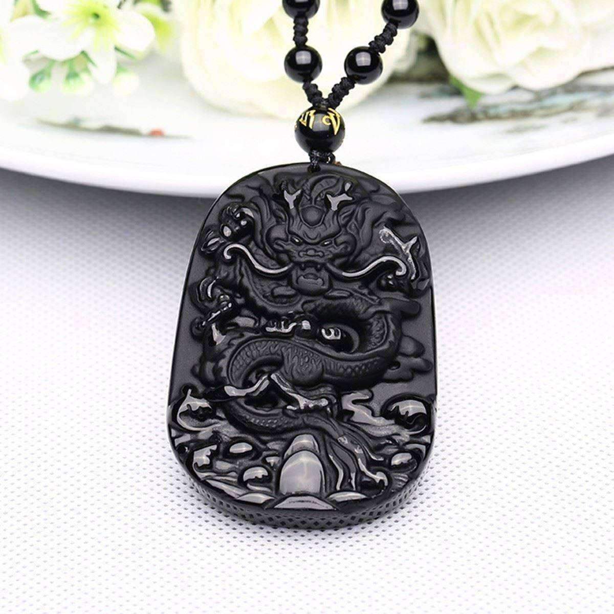 Natural Black Obsidian Dragon Pendant