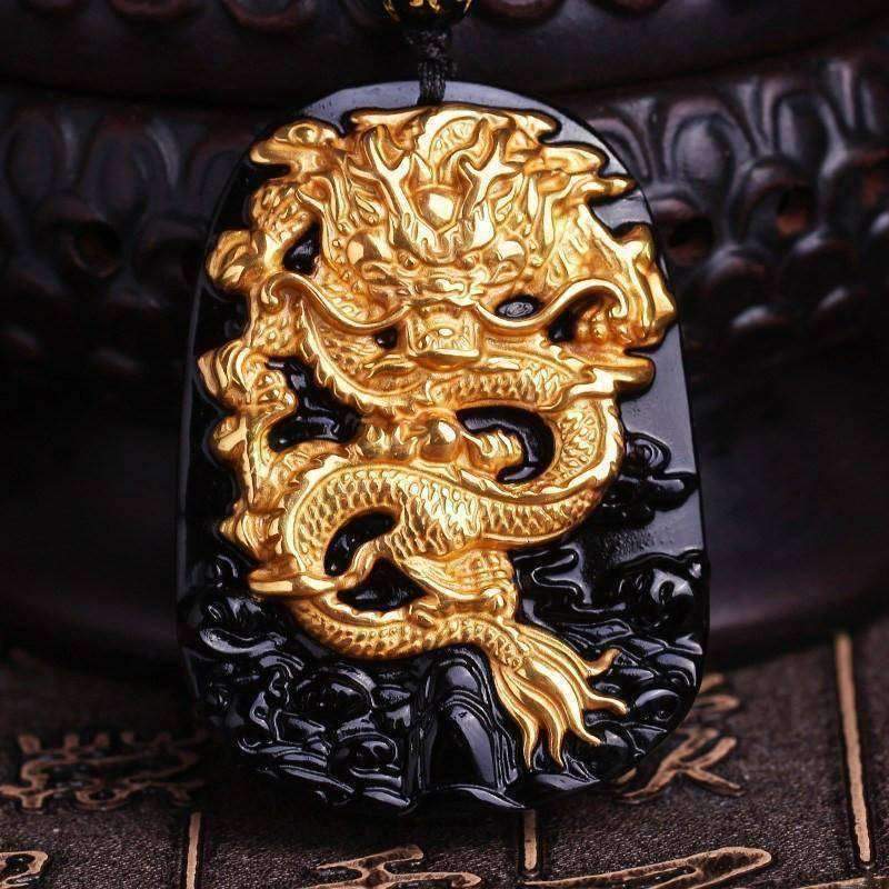 Gold Natural Black Obsidian Dragon Lucky Amulet