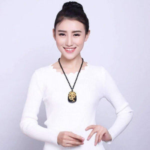 Gold Natural Black Obsidian Dragon Lucky Amulet